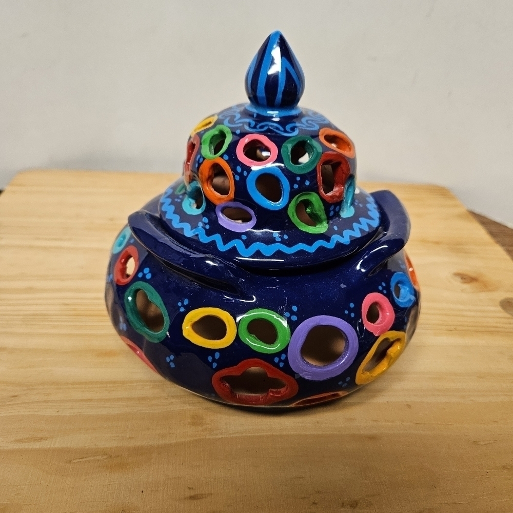 Vintage Mexican Talavera Hand-painted Clay Pottery Tealight Base with Lid